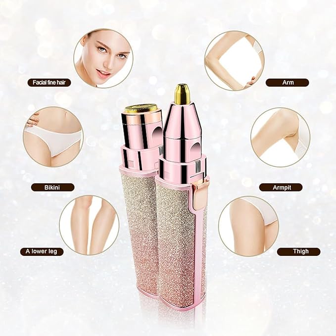 Facial Hair Remover for Women, Rechargeable USB Beauty Tool with Dual Replaceable Blades, Rainbow Glitter Rose Gold Design, Precision Grooming for Brows & Face, Colorful
