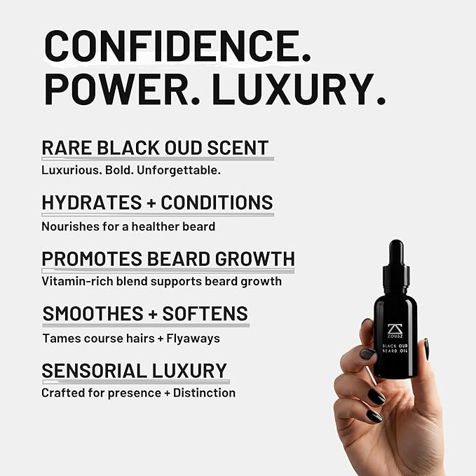 ZOUSZ Black Oud Beard Oil for Men – Natural Beard Growth Oil with Argan & Avocado Oils – Sandalwood Scent – Softens, Strengthens & Conditions Facial Hair – 30ml Bottle