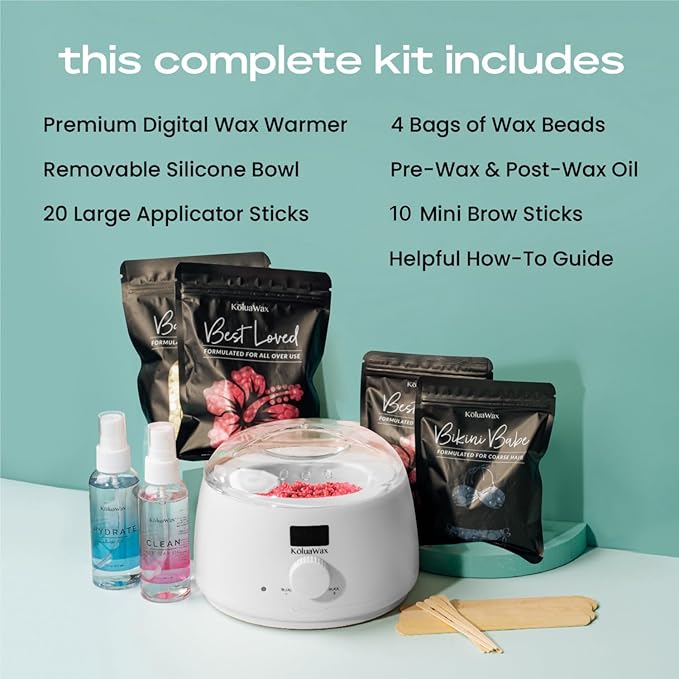 KoluaWax Premium Waxing Kit for Women - Beginner Friendly - Complete Wax Kit that includes 14oz of Wax Beads, Applicator, Pre and Post Care, Suitable for Sensitive Skin (White)