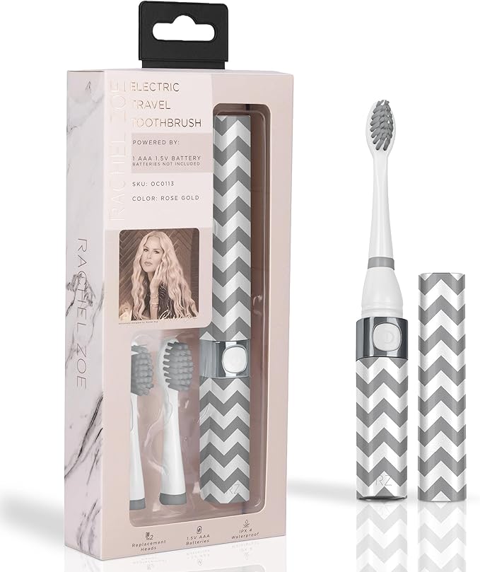 Rachel Zoe Portable Electric Toothbrush for Adults, Battery Operated Compact Sonic Tooth Brush for Trips, Waterproof Travel Toothbrush with Cover, 2 Removable Brush Heads Included, Gray and White
