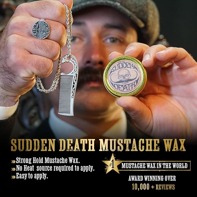 Mustache Wax Strong Hold No Heat Required Sudden Death 1 oz Tin & Necklace Death Grip Mustache Comb Mens Combo Kit - Grooming For Men Handlebar Moustache