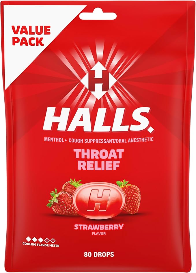 HALLS Throat Relief Strawberry Cough Drops, Value Pack, 80 Drops