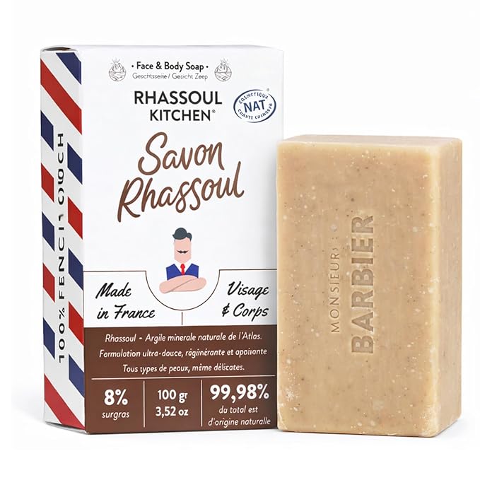 Rhassoul Soap Bar All-Natural Face & Body Wash Brick Exfoliating Deeply Nourishing Handcrafted Moisturizing Bar for Dry & Sensitive Skin | Lipid-Enriched Vegan Solid Cleanser 100g