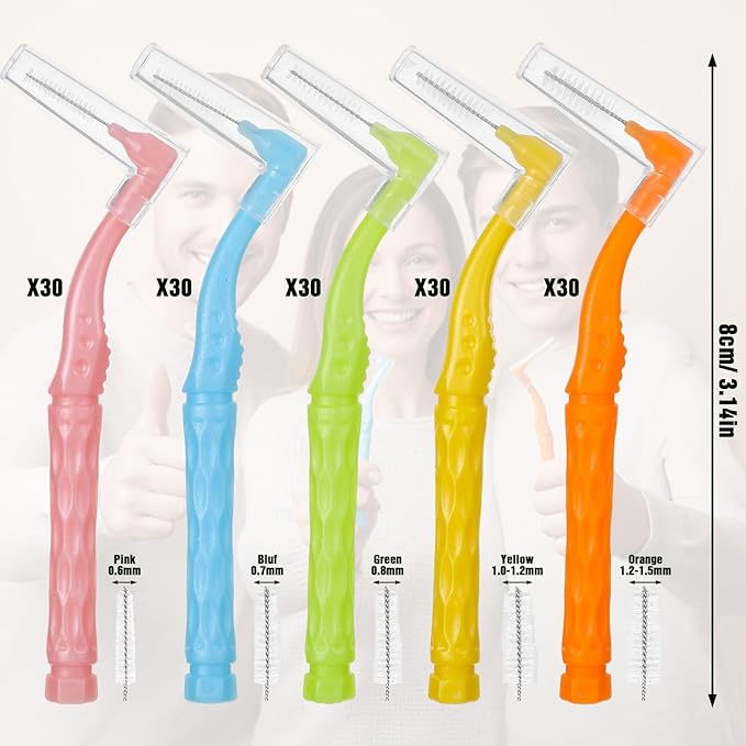 150pcs L-Shaped Interdental Brushes, 5 Sizes Soft Dental Brushes with Non-Slip Handle, Angled Head Tooth Picks for Braces, Implants, and Oral Cleaning