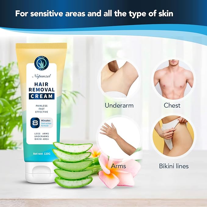 Hair Removal Cream: Hair Remover for Women and Men - Sensitive Intimate Hair Removal - Painless Depilatory Cream - Private Areas Pubic Areas Bikini Body Legs Arms Underarms - All Skin Types - 120g