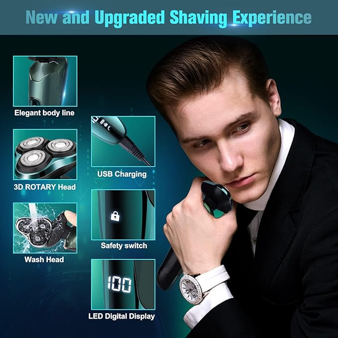 Electric Razor for Men, Cordless Rechargeable 3D Rotary Shaver with LED Display, Wet/Dry Waterproof Men’s Shaving Kit with Pop-Up Trimmer, Ideal Razor Gift for Husband, Dad, Boyfriend