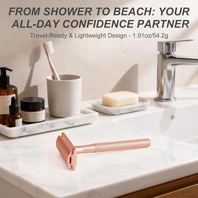 Safety Razor for Men & Women - Double Edge Single Blade Razor with 10 Blades, Reusable One Blade Razor for Close Shave (Mens & Womens Razor, Eco-Friendly)-Rose gold