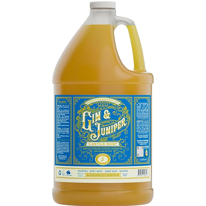 Carolina Castile Soap Gin & Juniper Scented – Certified Organic Base, High Olive Oil Content, Non-Drying, Made with Organic Oils, Concentrated Body Wash for Men (Gin & Juniper, 1 Gallon)