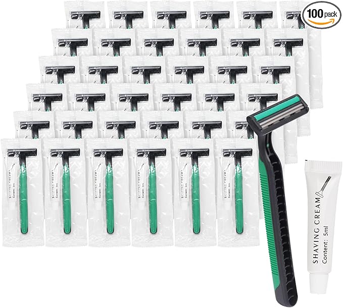 disposable razors in bulk, razors with knife cap, individually packaged disposable bulk with shaving cream for hotels, shelters, homeless, nursing homes, charities, churches (100 pieces)