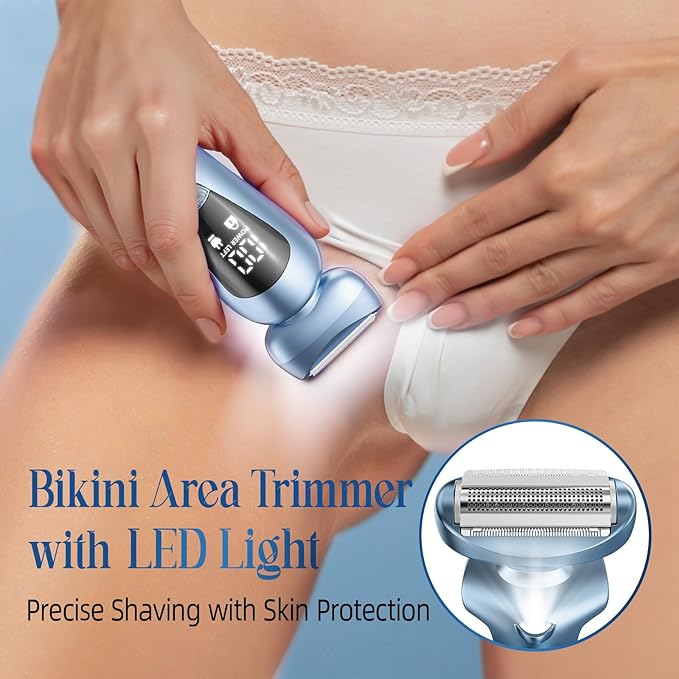 Cordless Electric Razors for Women: Rechargeable Painless Bikini Trimmer for Body Hair - IPX7 Waterproof Shaver with LED Display for Face/Underarm/Leg Deep Blue
