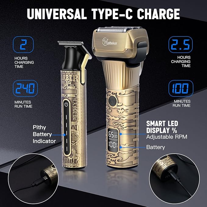 Hatteker Foil Shaver Electric Razor Men's Shaver T-Blade Trimmer Beard Trimmer Beard Clipper Hair Clipper LED Display Waterproof Wet/Dry Shaver Kit 2 in 1