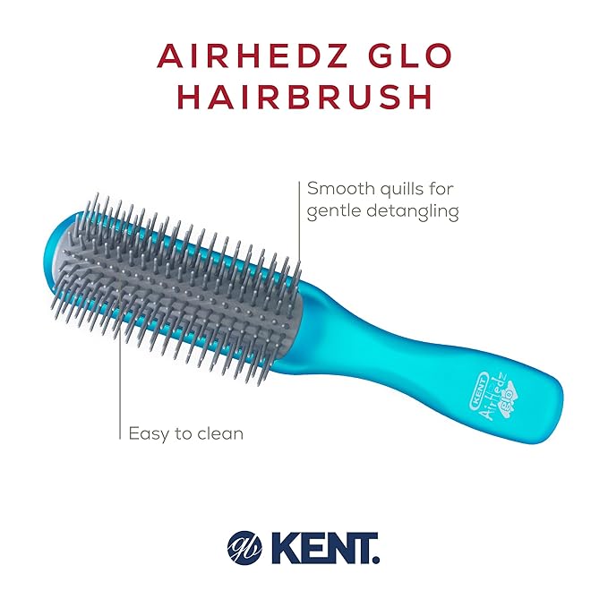 Kent AHGLO01 Airhedz Glo Blue Half Round Narrow Detangling Hair Brush - 9 Row Ionic Anti Static Non Scratch Long Nylon Bristle Great for Detangling and Smoothing Medium to Long Length Hair