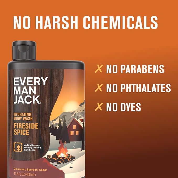 Every Man Jack Hydrating Body Wash - Fireside Spice - Deeply Clean with Glycerin + Naturally Derived Ingredients - 13.5 oz (2 Pack)