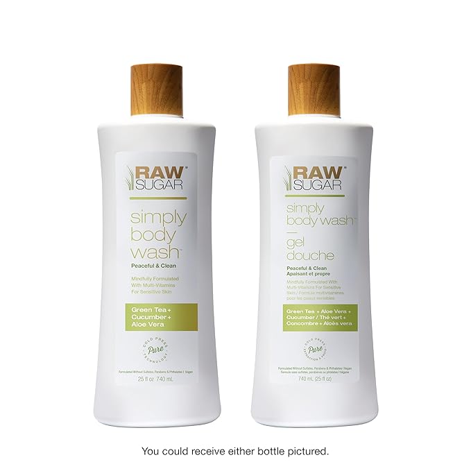 RAW SUGAR Green Tea Aloe Soother Gentle & Hydrating Body Wash, 20 Fl Oz (Pack of 3), Gentle & Soothing Bath & Shower Gel, Sensitive Skin-Friendly, Vegan, Formulated without SLS/SLES & Parabens