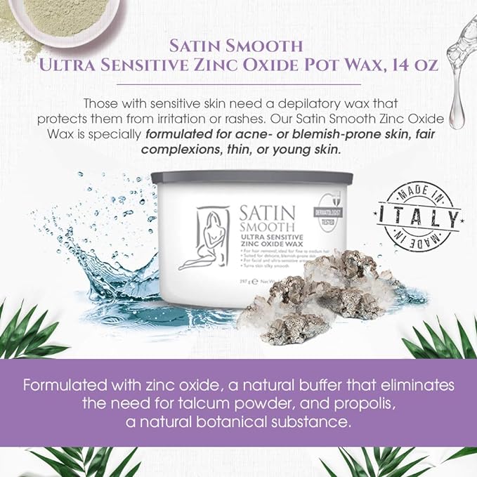 Satin Smooth Ultra Sensitive Zinc Oxide Wax, Hair Removal for Fine to Medium Hair, Safe for Delicate & Sensitive Skin, Waxing Kit, 14 oz, 1-Pack