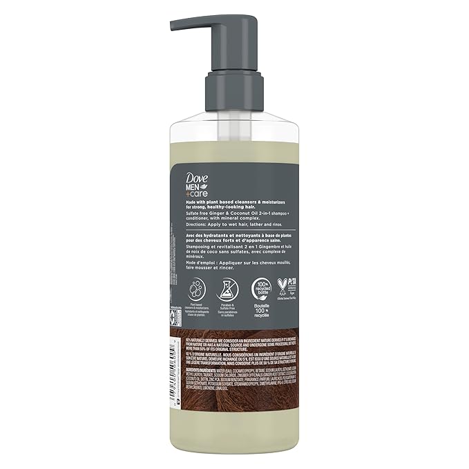 DOVE MEN + CARE 2-in-1 Shampoo + Conditioner Ginger & Coconut Oil for Hydrated Hair, +Mineral Complex, 17.5 oz