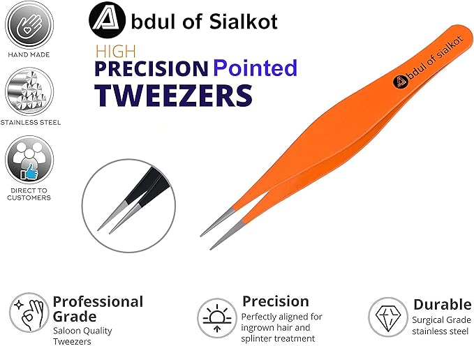 Pointed Tweezers,Needle Nose Tip, Sharp Precision Ingrown Hair, Surgical Pointed for Blackheads & Splinters/Best Tweezers for Eyebrows (Orangee)