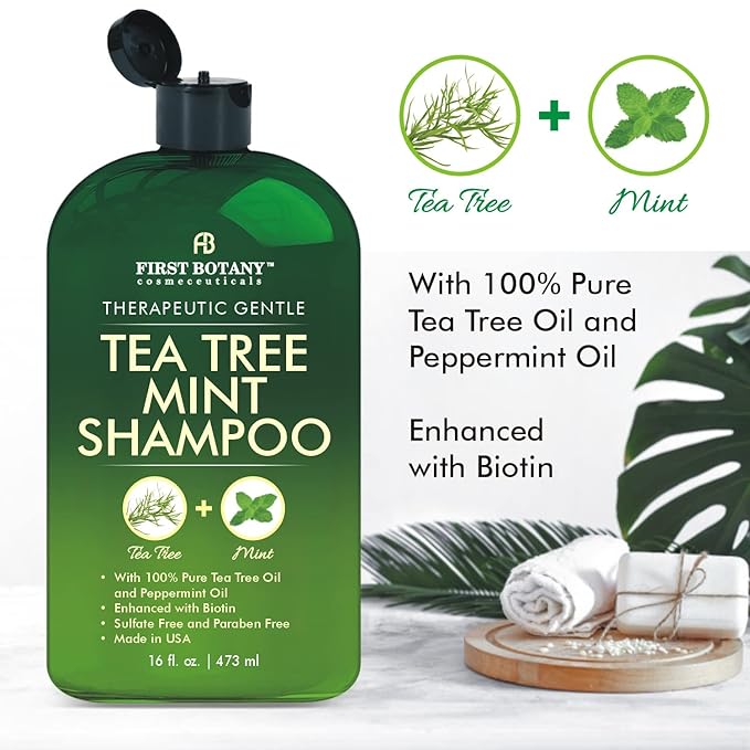 First Botany Tea Tree Mint Shampoo & Conditioner for Men & Women - Pure Tea Tree & Peppermint Oil - Fights Hair Loss, Dandruff, Lice & Itchy Scalp, Promotes Hair Growth - Sulfate Free - 16 Fl Oz x 2