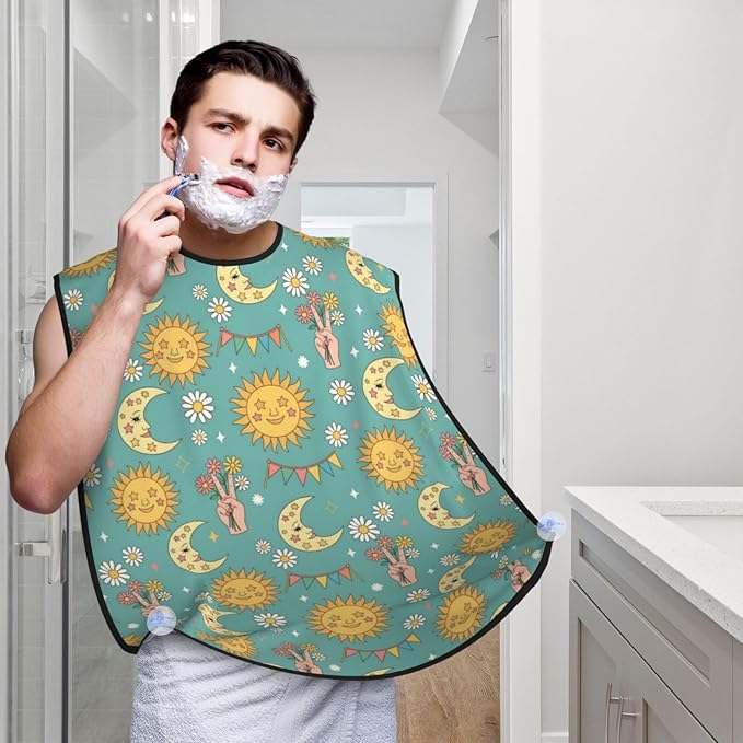 Beard Bib with 3 Suction Cups, Non-Stick Waterproof Hair Catcher Apron, Men's Shaving Essential for Grooming, Retro Tarot Card Rainbow Moon Sun Shave Bib