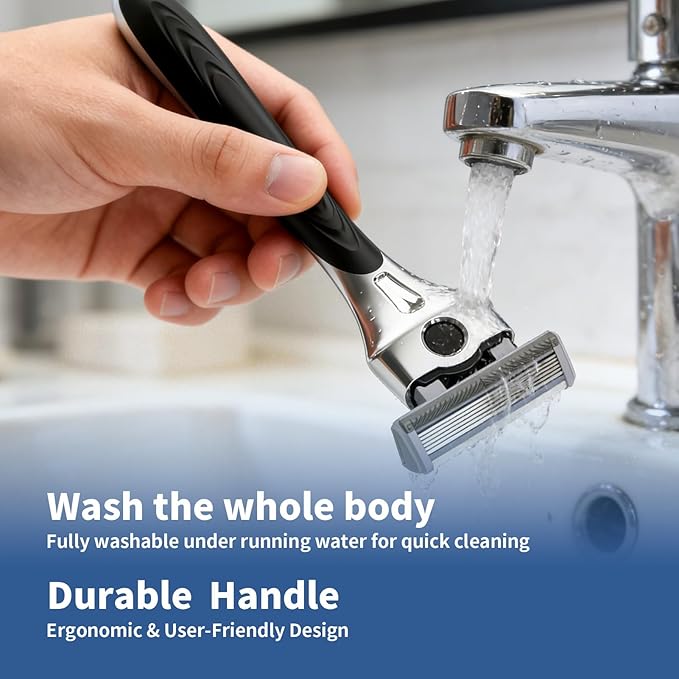 Professional 6-Blade Men's Razor with Lubricating Strip & Precision Trimmer, 45° Pivoting Head, Metal 1 Handle +4 Blade Refills, Includes Cleaning Brush & Wall Mount