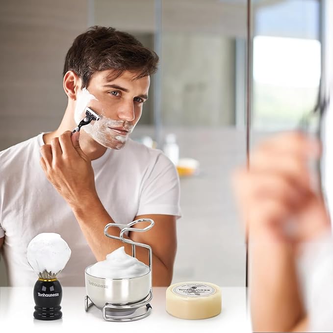 Shaving Brush Kit for Men, 4 in 1 Shaving Brushes Set Includes Badger Hair Shave Brush, Stainless Steel Shaving Bowl&Stand and Goat Milk Flavor Shaving Soap