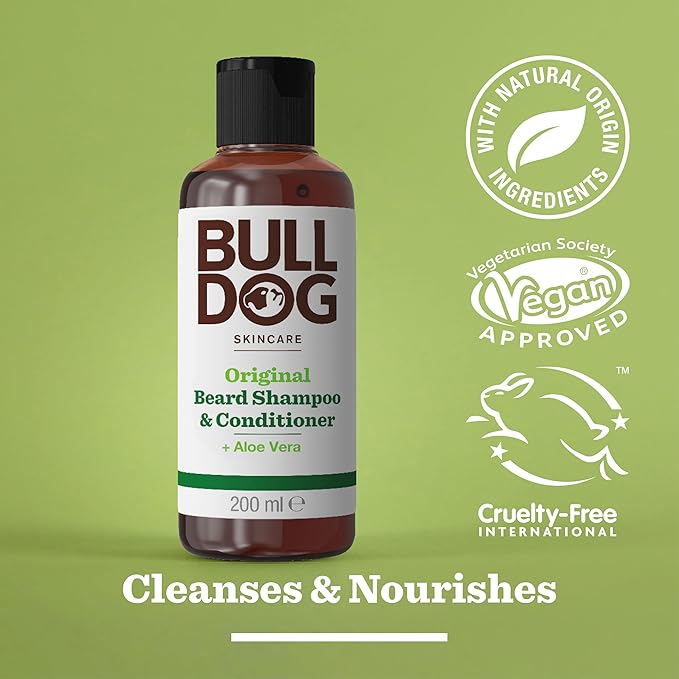 BULLDOG Skincare Original Beard Shampoo & Conditioner, Men's Grooming, Beard Moisturiser for Softer, Supple Beards, 200ml