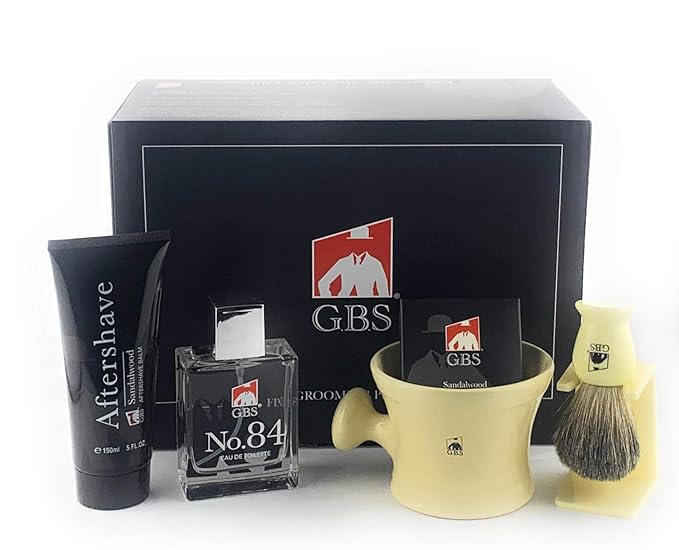 G.B.S Men Shave Kit, Ceramic Shaving Mug with Knob Handle, Shaving Brush, Ivory Stand, Sandalwood Shave Soap, Sandalwood Aftershave, Ivory