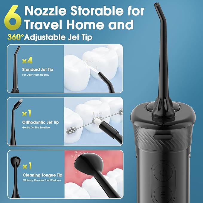 HANGSUN Water Flosser for Teeth - Portable Travel Cordless, 30 Days Battery, Deep Plaque Removal, 4 Adjustable Modes, 6 Nozzles for Sensitive Gums & Braces, IPX7, Telescopic 180ml Tank, Black