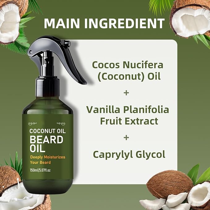 Coconut Oil Beard Spray for Men, 150ml Lightweight Beard Growth Oil with Vanilla Orchid - Fast-Absorbing Leave-In Conditioner to Soften, Moisturize & Tame Facial Hair, Beard Detangler Travel Size