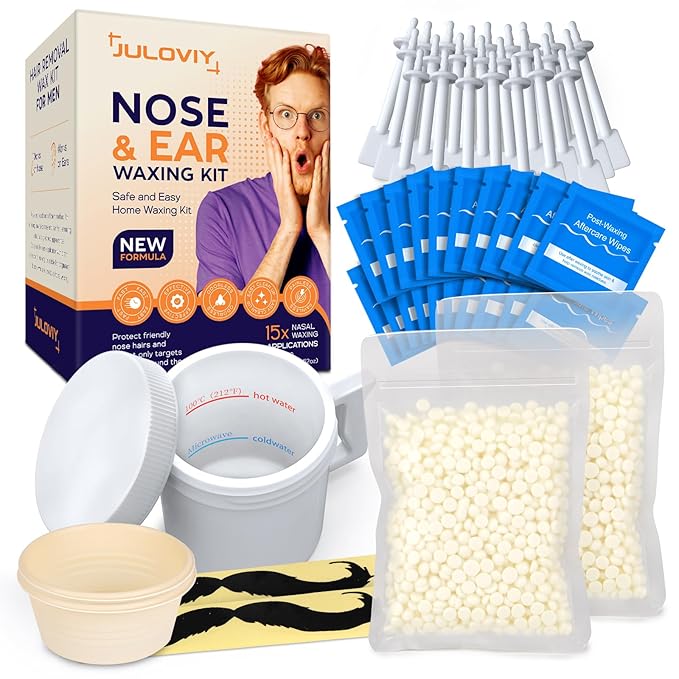Super Nose & Ear Waxing Kit |100g Wax, 30 Applicators | Ear & Nose Hair Removal for Men & Women | No Microwave Needed | Includes Balm Wipes, Mustache Guards | Pain-Free Hair Remover, Long-Lasting