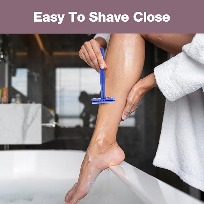 Kinghood Double Edge Safety Razor, Single Blade Razors with 10 Stainless Steel Blades, Reusable Metal Shaving Razor for Women and Men - Dark Blue