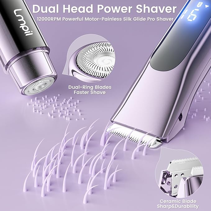 Bikini Trimmer for Women, 2-in-1 Electric Razor with Dual Heads, Ceramic Blade, Waterproof & Rechargeable, Painless Pubic Hair Shaver for Bikini, Underarm, Legs, Face | Gift for Her - Lightpurple