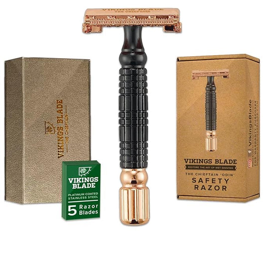VIKINGS BLADE Double Edge Safety Razor for Men + 5 Swedish Steel Blades + Luxury Case. Smooth, Reusable, Eco-Friendly (Chieftain “Odin”)