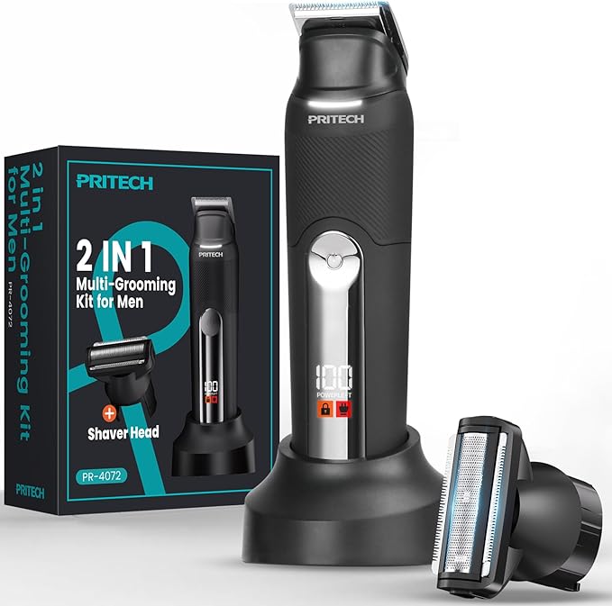 PRITECH Body Hair Trimmer for Men, Dual-Head Public Trimmer & Foil Shaver - Waterproof Electric Razor for Men Wet/Dry Groomer, USB-C Rechargeable Ball Shaver with Ceramic Blades & Travel Lock, Black
