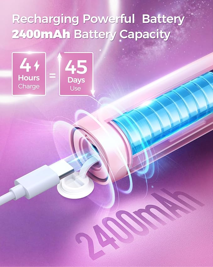 Rotating Electric Toothbrush with 8 Brush Heads for Adults and Kids, 3 Modes Rechargeable Power Toothbrush with 2-Minute Smart Timer, 45-Day Battery Life (Pink)