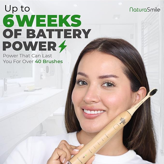 Bamboo Electric Toothbrush for Adult, Sonic Electric Tooth Brush with Pressure Sensor, 4 Biodegradable Heads, 5 Modes, 6-Weeks Battery, Tongue Scraper, Toothpaste Tablets, Travel Bag