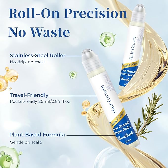 Hair Growth Serum Roll On with Rosemary，Helps Support Thicker, Fuller Hair Appearance，Clean, Non-Greasy Hair Loss Support for Men & Women，Rosemary，0.84 Fl Oz (Pack of 1)