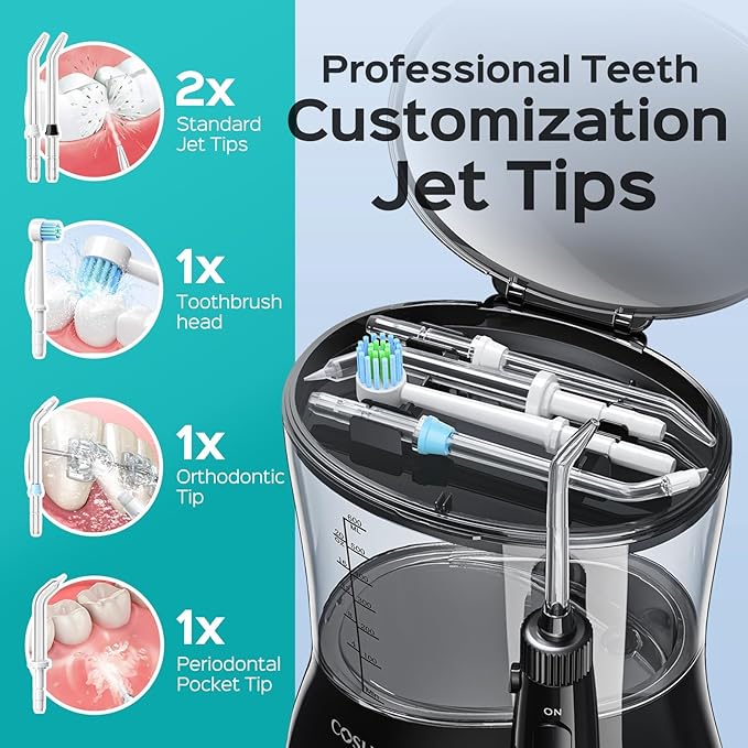 COSLUS E1 Professional Water Flosser for Teeth: 12 Pressure Settings Electric Dental Pick for Tooth Cleaning, Sensitive Gums, Braces, Oral Care - Home Use, 4 Jet Tips for Multiple Users, Family
