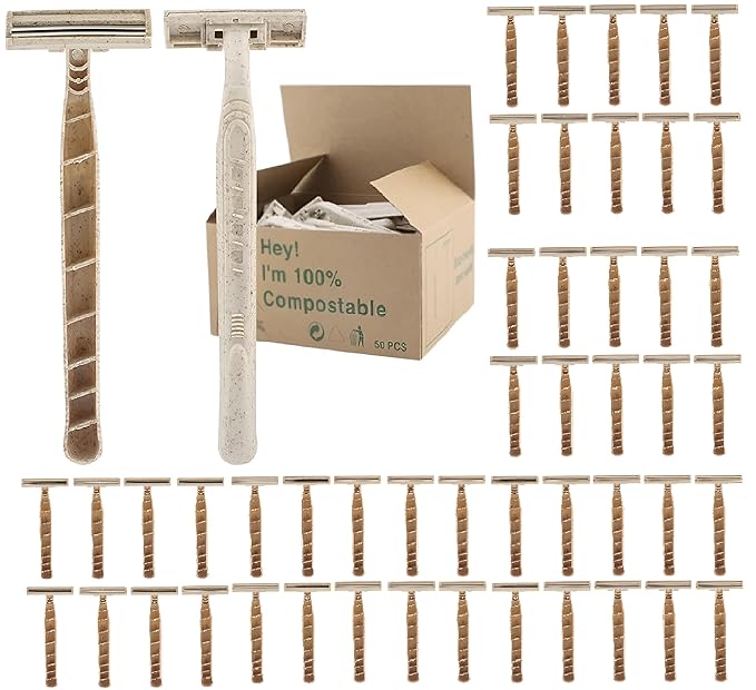 Disposable Razors Bulk for Men & Women – Twin Blade Unisex Shavers – Eco-Friendly, Biodegradable, Non-Toxic, Made from Recycled Wheat Straw 50 Count (Pack of 1) (50)