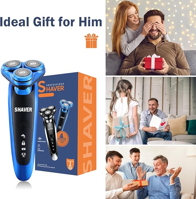 Electric Razor for Men - Rechargeable Shaver 3D Precision Blades with Pop-up Trimmer - Rotary Cordless Shavers Washable Gentle on Sensitive Skin for Beard Sideburn Face with Travel Lock Men Gift