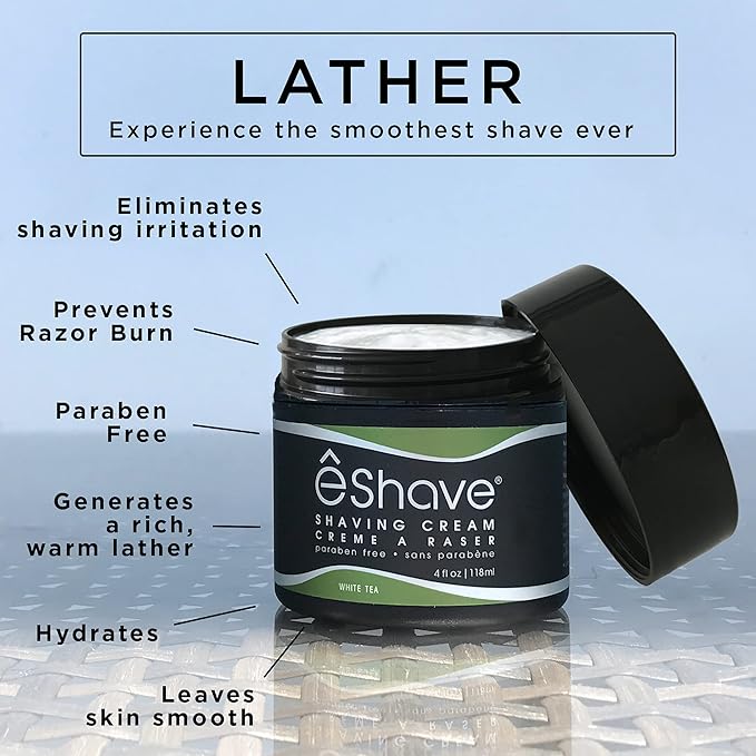 eShave Shaving Cream for Men, White Tea, prevents shaving irritation and razor burn, generates a rich lather for a soft, silky, Smoothest Shave