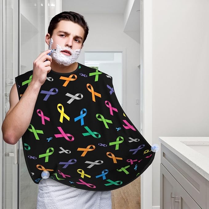 Beard Bib with 3 Suction Cups, Non-Stick Waterproof Hair Catcher Apron, Men's Shaving Essential for Grooming, Cancer Awareness Ribbon Shave Bib
