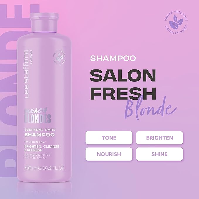 Lee Stafford Daily Blonde Shampoo | Bleach Blondes Everyday Care Cleanser - Best to Neutralizes Yellow Tones, Brightens & Refreshes for a Lighter Blonde, Hydrate Dry, Damaged Hair, 16.7 Fl Oz