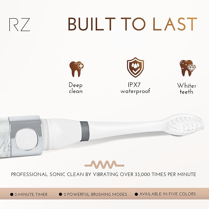 Rachel Zoe Portable Electric Toothbrush for Adults, Battery Operated Compact Sonic Tooth Brush for Trips, Waterproof Travel Toothbrush with Cover, 2 Removable Brush Heads Included, Gray