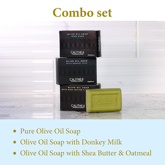 Calithea 3 Pack Olive Oil Based Soap Bars: 100% Pure Olive Oil Soap, Donkey Milk, and Shea Butter & Oatmeal Soap Bars