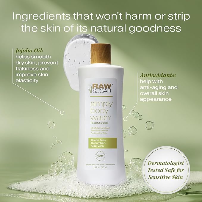 RAW SUGAR Green Tea Aloe Soother Gentle & Hydrating Body Wash, 20 Fl Oz (Pack of 3), Gentle & Soothing Bath & Shower Gel, Sensitive Skin-Friendly, Vegan, Formulated without SLS/SLES & Parabens