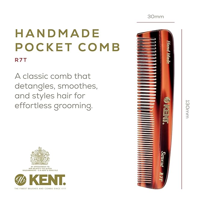 Kent R7T Double Tooth Comb, Fine/Wide Tooth for Hair, Beard and Mustache Grooming, Coarse/Fine for Men, Women and Kids - Saw Cut, Hand Polished, Handmade in England (3 pack)