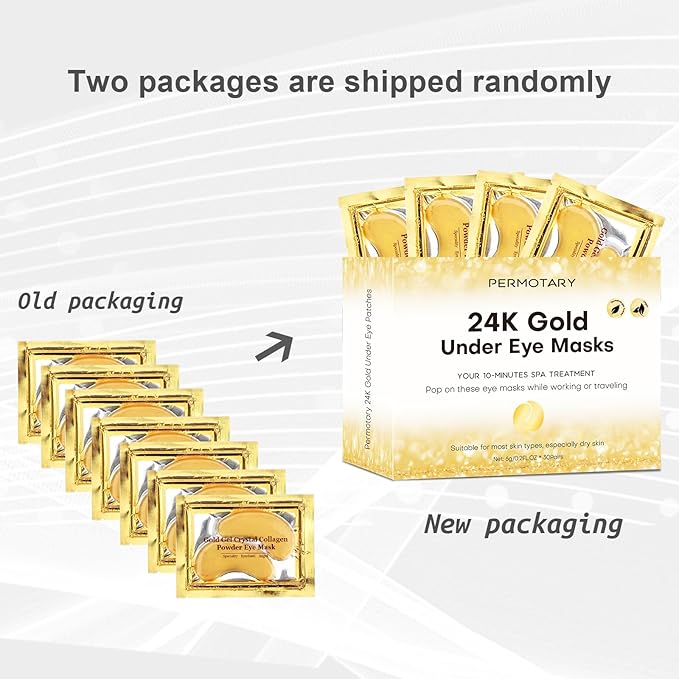 Permotary 30 Pairs Gel Crystal Collagen Under Eye Patches, 24K Gold Eye Mask for Moisturizing Skin, Lighten Dark Circles, Reduce Wrinkles & Puffiness,Valentines Day Gifts