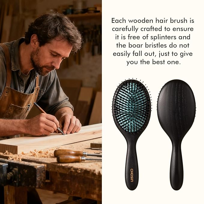 CHOSIN Boar Bristle Hair Brush: Paddle Brush with Wooden Handle for Men Women - Natural Bristles Brush Detangler Thick Hair, Reduces Frizz & Breakage for Christmas Gift (Green)