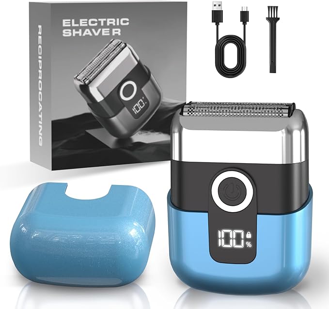 Electric Foil Shavers for Men: Mini Electric Razor, Foil Shaver for Face, IPX7 Waterproof Wet Dry Cordless Razor with 3 Floating Blades, LED Display for Travel & Home, USB Type C (Blue)